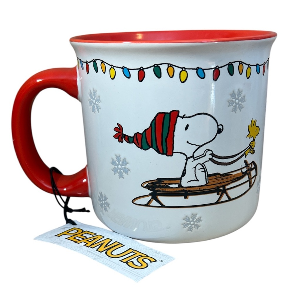 Peanuts Snoopy and Woodstock Sledding Snowman Mug NWT